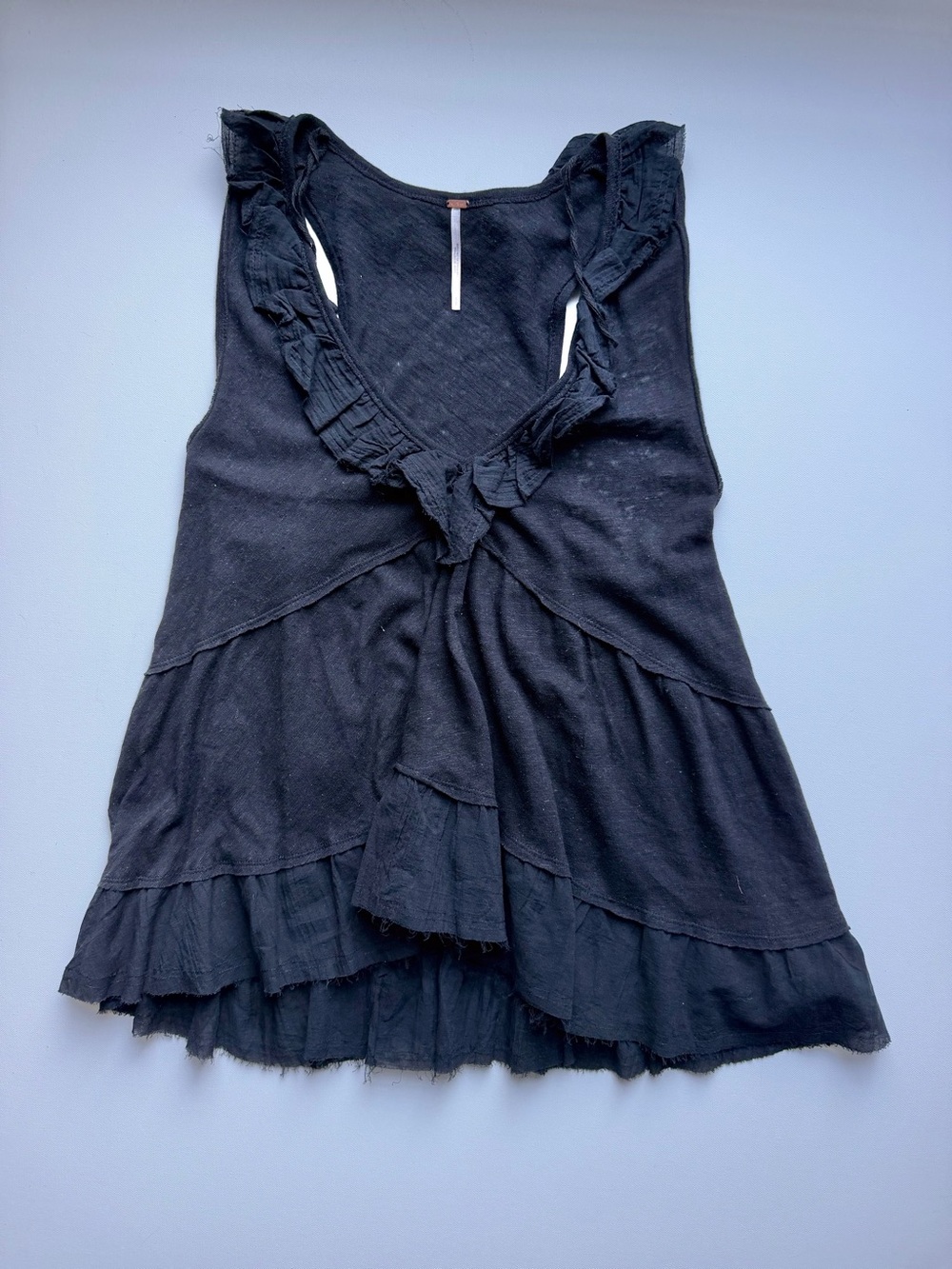 Free People Out And About Tank Top S Black Linen Cotton Ruffle Tiered Boho 032